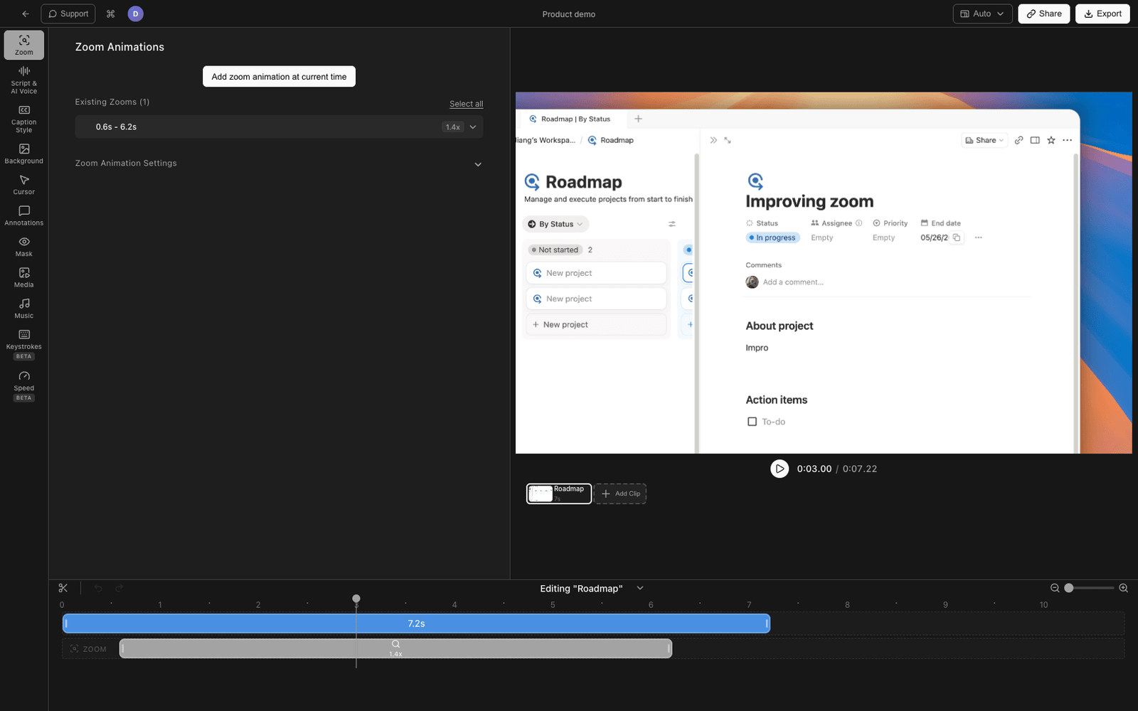 Tight Studio editor with smart zoom and cursor animation