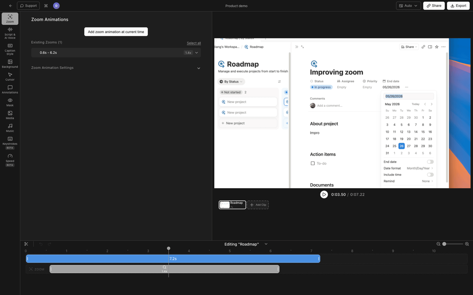 Tight Studio editor with smart zoom and cursor animation